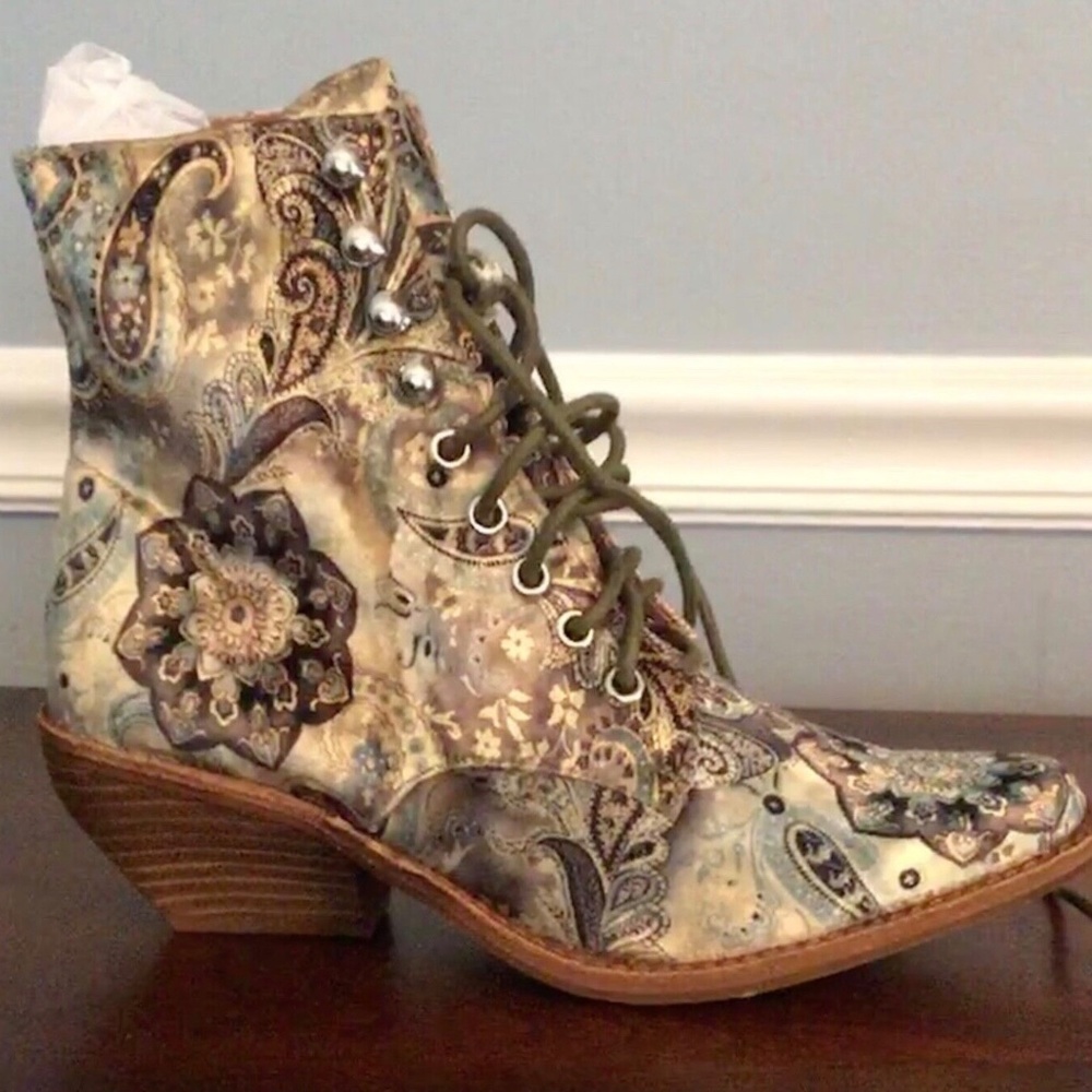BNIB Jeffrey Campbell Elmcroft Blue Paisley Velvet Western Lace Up Boots Sz7